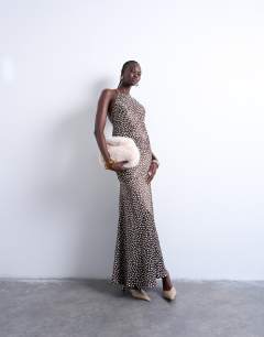Racer neck drop waist maxi dress in chocolate brown polka dot