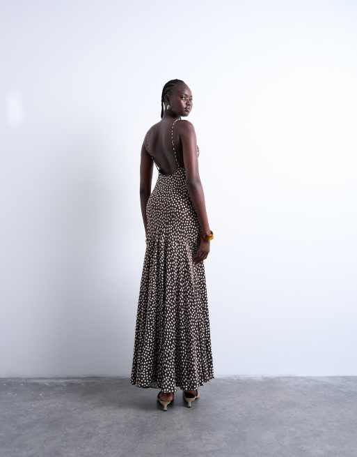 Topshop racer neck dropped waist maxi dress in chocolate brown polka dots
