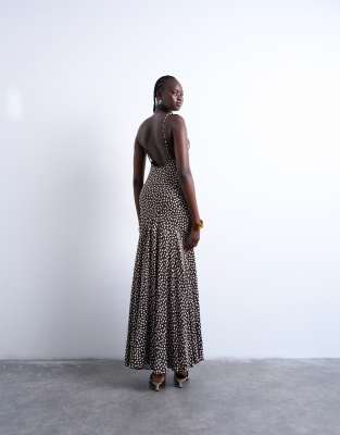Topshop racer neck dropped waist maxi dress in chocolate brown polka dots