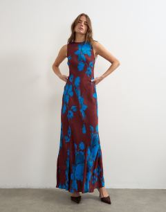 Racer neck maxi dress in dark based floral jacquard