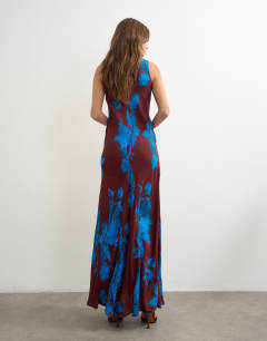 Model wearing Racer neck maxi dress in dark based floral jacquard