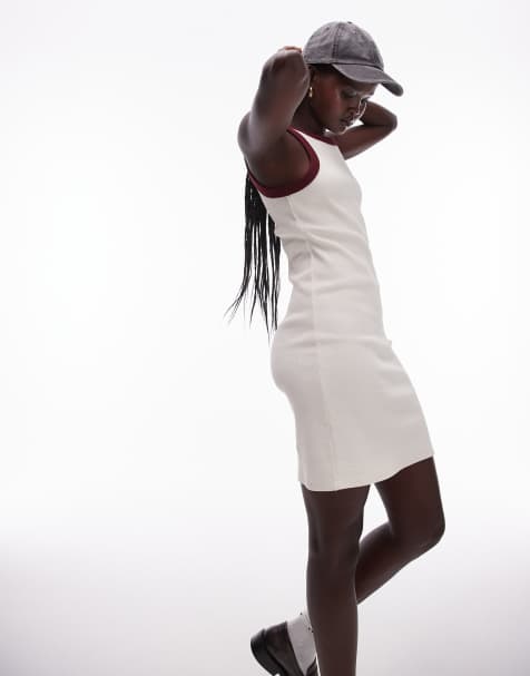 Topshop racer neck mini dress with contrast edge in ivory and burgundy - view 1