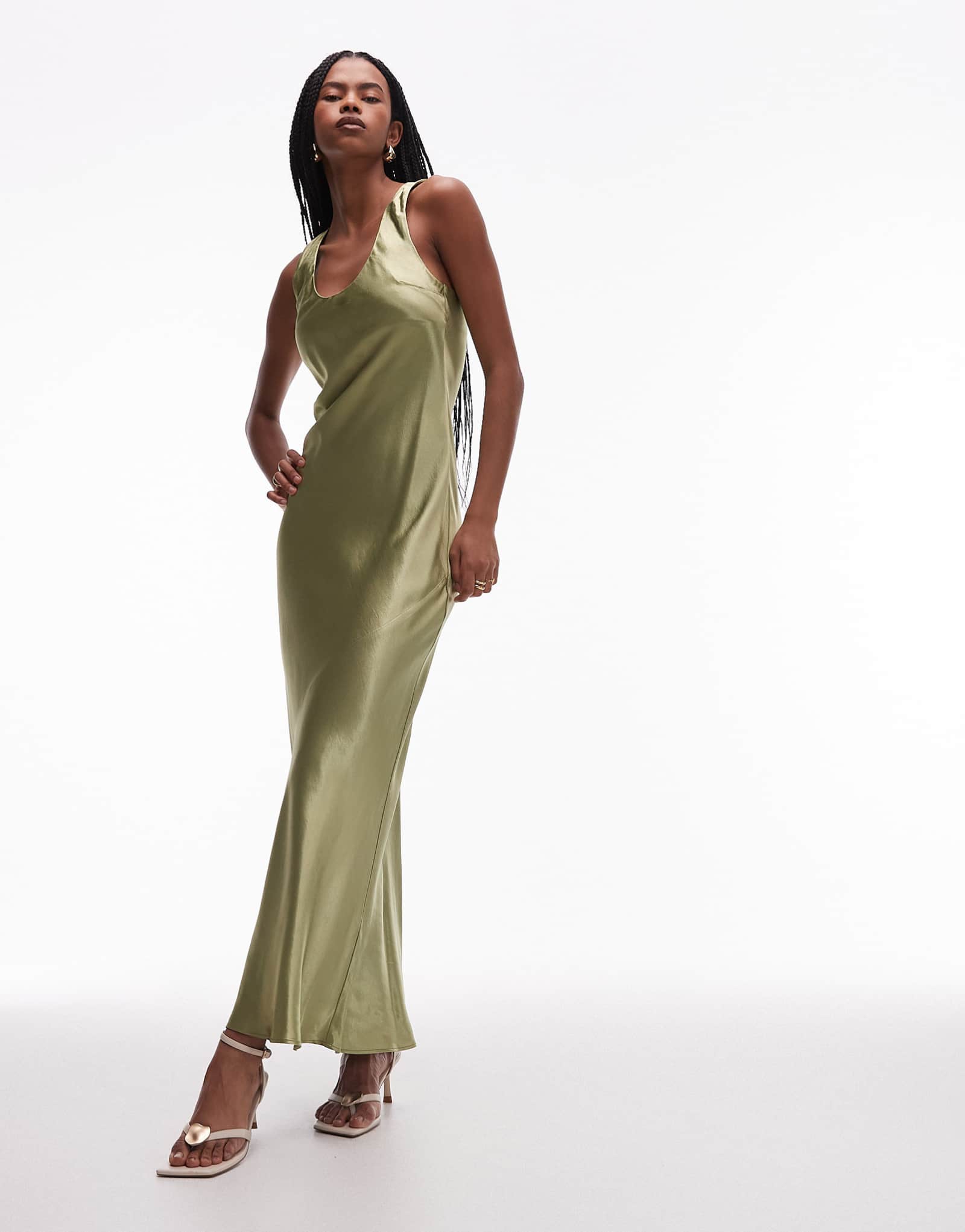 Атласное макси-платье с косым вырезом от Topshop racer оливкового цвета