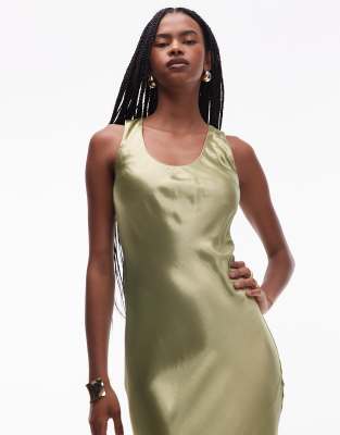 Topshop racer neck satin bias cut maxi dress in olive
