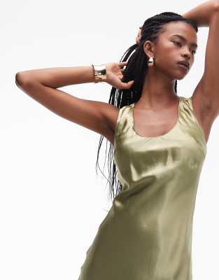 Topshop racer neck satin bias cut maxi dress in olive