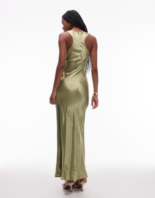 Topshop racer neck satin bias cut maxi dress in olive