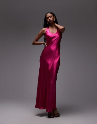 racer neck satin bias cut maxi dress in pink