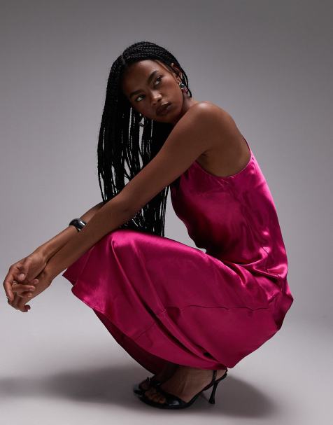 Topshop racer neck satin bias cut maxi dress in pink - view 1