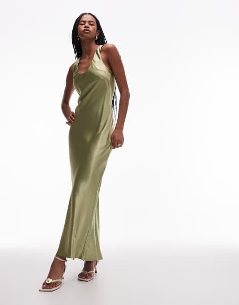 Topshop racer neck satin bias maxi dress in olive - view 1