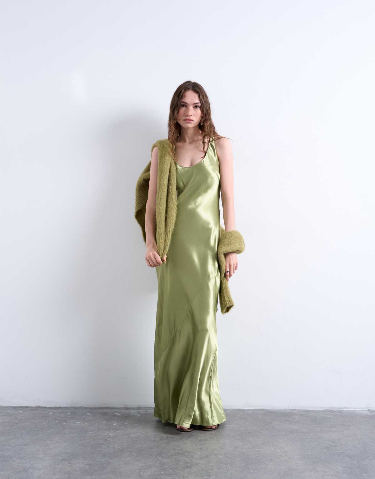 Topshop racer neck satin bias maxi dress in olive