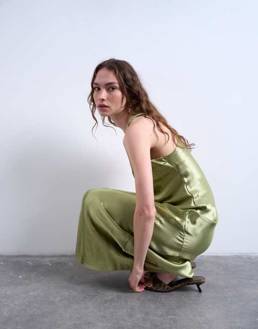 Topshop racer neck satin bias maxi dress in olive, 2 of 4