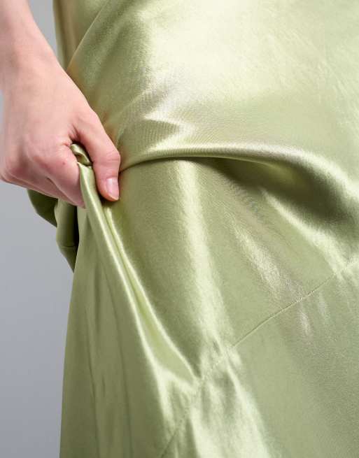 Topshop racer neck satin bias maxi dress in olive, 3 of 4