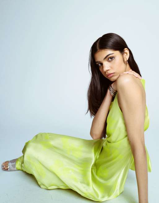 green emerald velvet dress Rent Topshop Ruched Acid Print Midi Dress In Lime