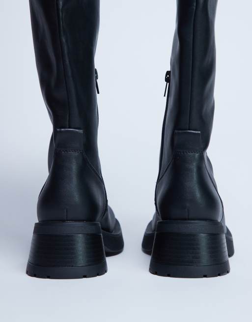 Topshop Rachel knee high chunky heeled boot in black