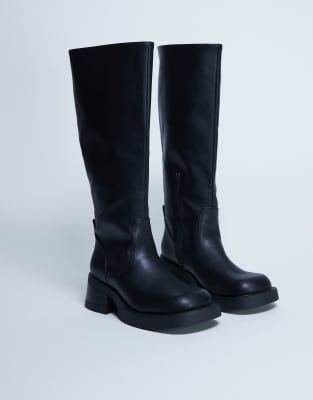 Topshop - Rachel - Kniehohe Stiefel in Schwarz mit Absatz und dicker Sohle