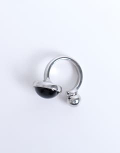 Model wearing Rae stainless steel ring with semi precious stone in silver & black