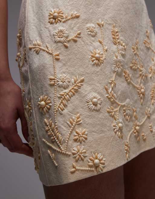 Topshop raffia embroidered structured bandeau dress in buttermilk