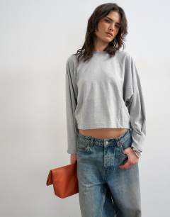 Raglan cinch cuff long sleeve top in grey marl