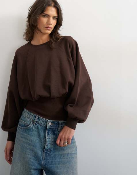 Topshop raglan cinch waist ruched sweat in chocolate - view 1