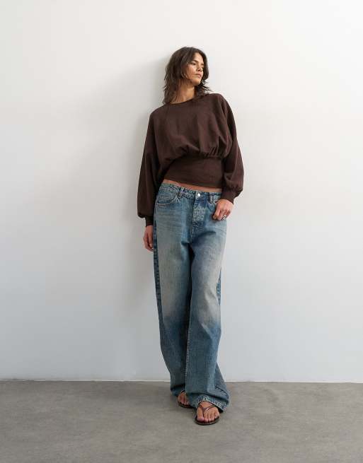 Topshop raglan cinched waist ruched sweatshirt in chocolate, 2 of 4