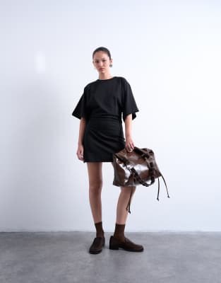 Topshop Raglan Sleeve Cinch Waist Mini Dress In Brown
