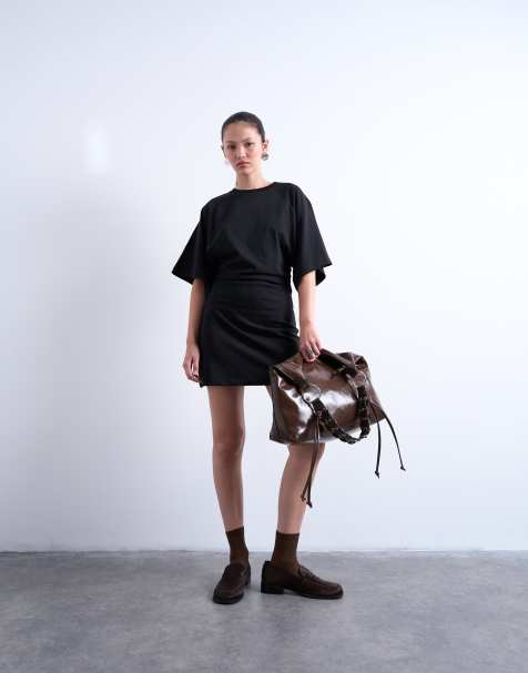 Topshop raglan sleeve cinch waist mini dress in black - view 1