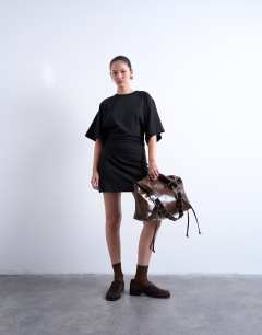Raglan sleeve cinch waist mini dress in black
