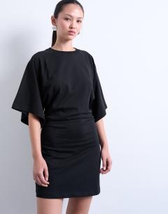 Model wearing Raglan sleeve cinch waist mini dress in black