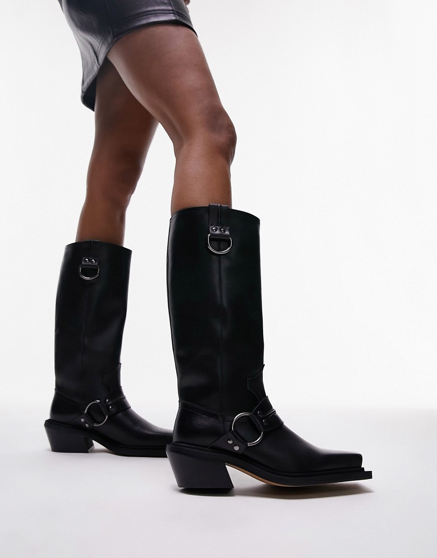 Topshop Rain premium leather western knee boots in black