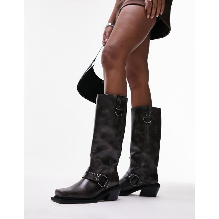 Topshop Rain premium leather western knee boots in tan ASOS