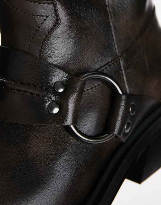 Topshop - Rain - Sorte western-knæstøvler med slidt look i premium-læder, 2 af 4