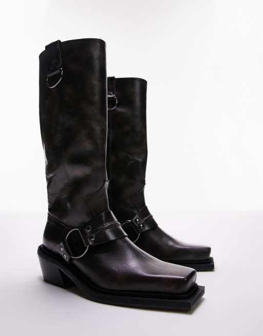 Topshop - Rain - Sorte western-knæstøvler med slidt look i premium-læder, 3 af 4