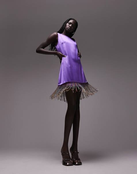 Topshop rainbow colored embellished fringe mini dress in multi - view 1