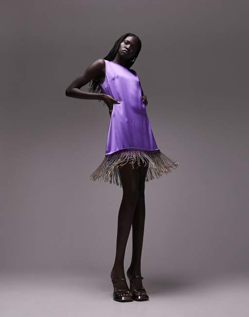 Topshop rainbow colored embellished fringe mini dress in multi