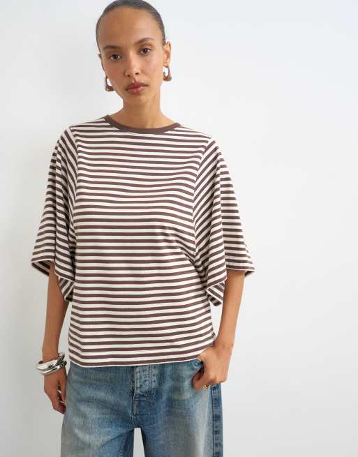 Topshop randig t-shirt med batwingärm i chokladbrun, 4 av 4