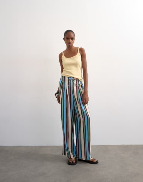 Topshop – Randiga linnebyxor med ballongben och knytning i midjan - view 1