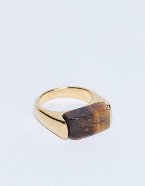 Topshop - Raquel - Guldfarvet ring i rustfrit stål med tigersten - view 1