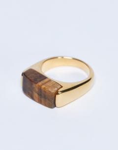 Model wearing Raquel stainless steel tiger stone ring in gold