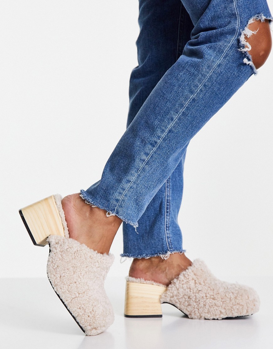 Topshop Raven shearling clog mules in cream-White