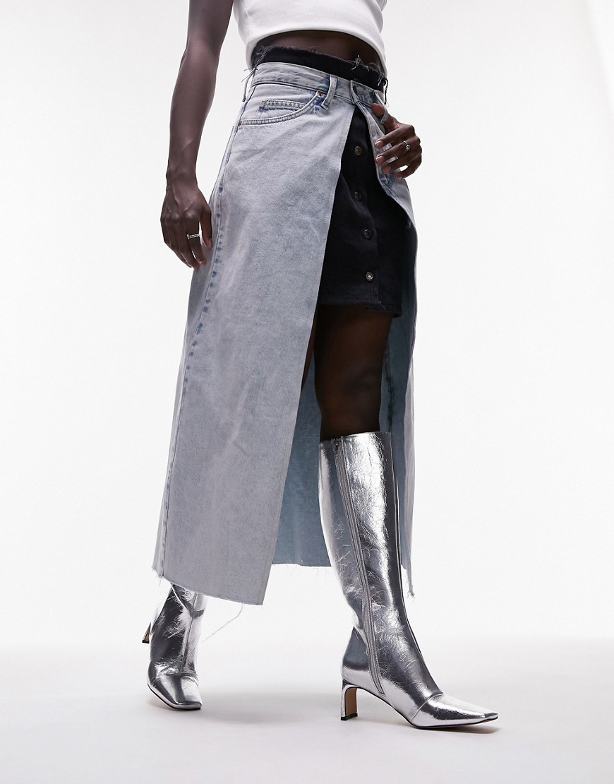 Topshop Raven Square Toe Heeled Knee High Boots In Silver