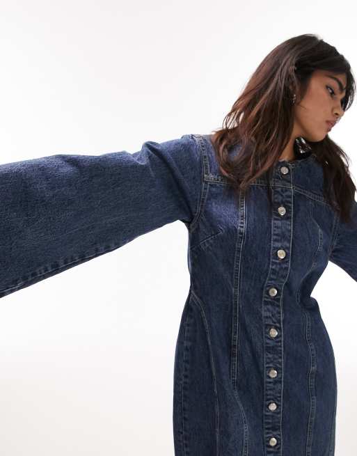 Only oversized denim mini shirt dress in mid blue