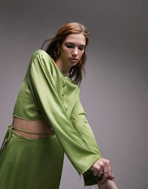 Topshop raw edge button up blouse in olive - part of a set