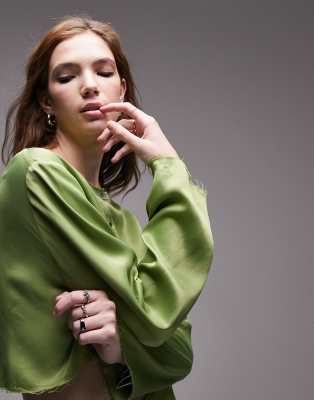 topshop raw edge button up blouse in olive - part of a set