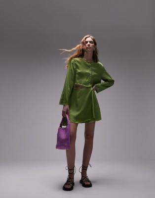 topshop raw edge button up blouse in olive - part of a set