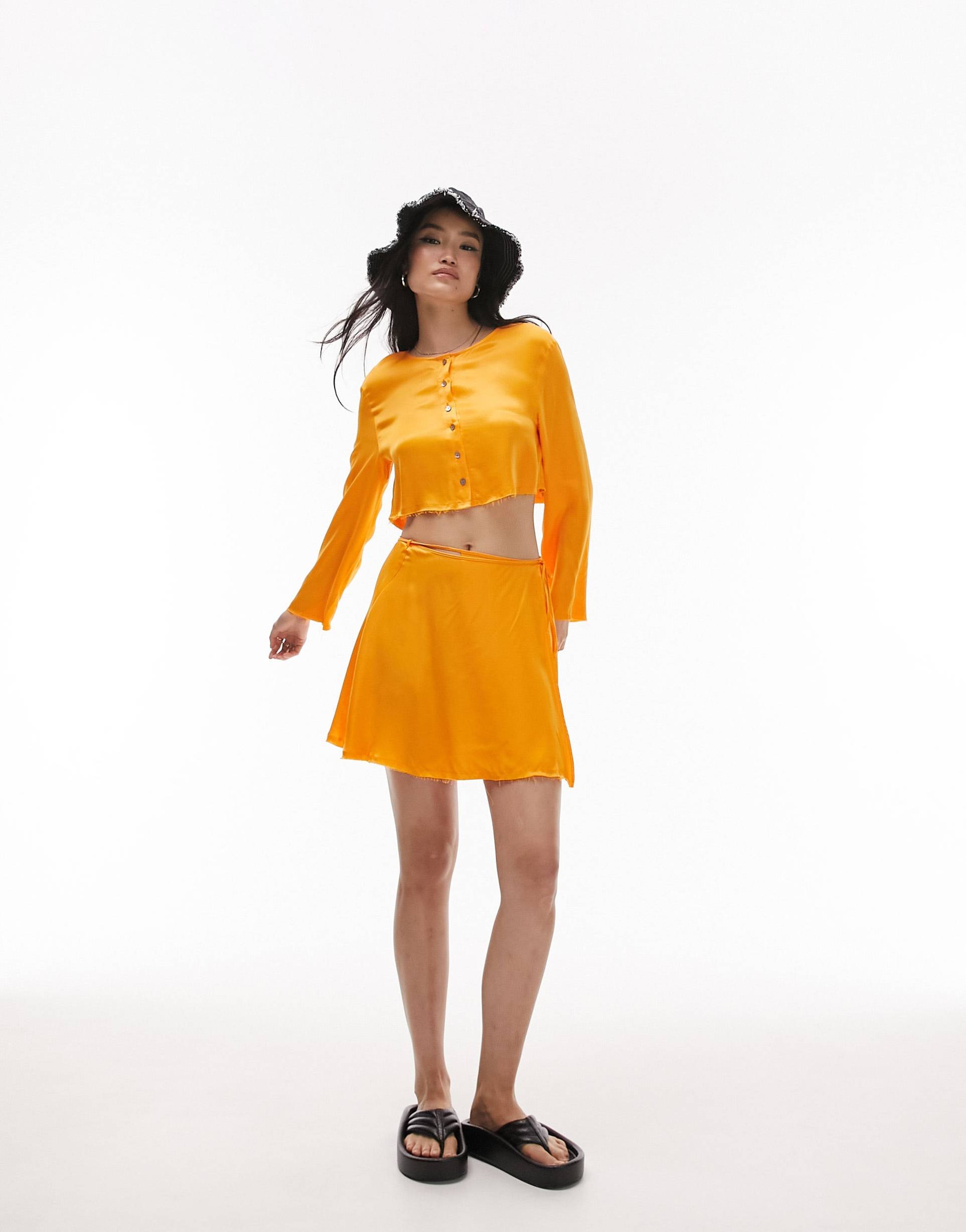 topshop raw edge button up blouse in orange - part of a set