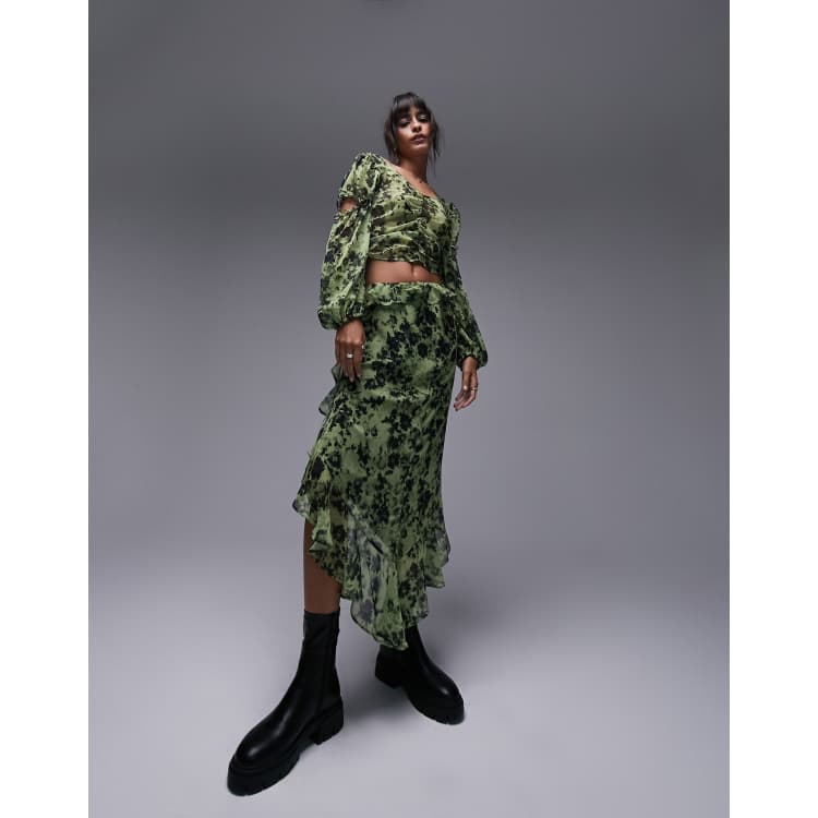 Topshop raw edge ruffle midi skirt in green floral part of a set