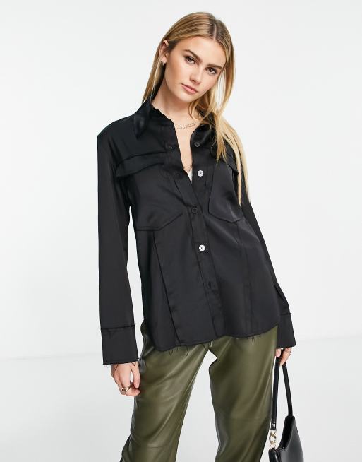 Topshop raw edge satin shirt in black | ASOS