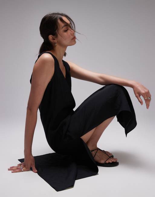 Topshop raw edge scoop neck midi dress in black, 2 of 4