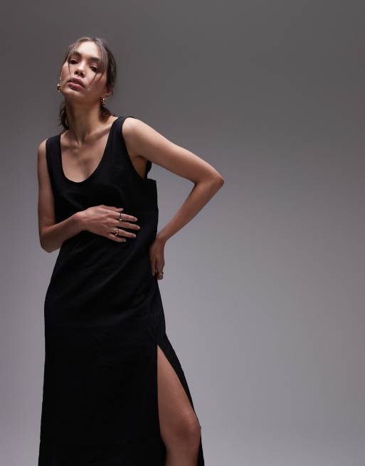 Topshop raw edge scoop neck midi dress in black, 3 of 4