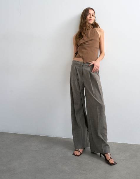 Topshop raw hem low slung double pleated tailored pants in brown heather - view 1